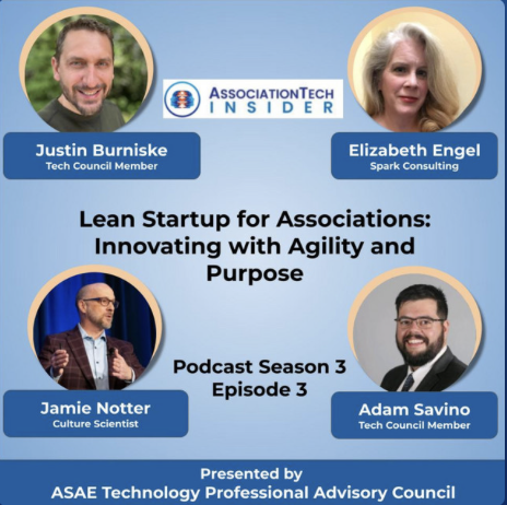Blue background card with headshots of four people (Justin Burniske, Elizabeth Engel, Jamie Notter, Adam Savino) and the words Association Tech Insider - Lean Startup for Associations: Innovating with Agility and Purpose - Podcast Season 3, Episode 3 - Presented by ASAE Technology Professional Advisory Council