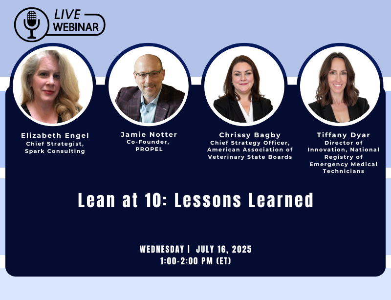 Graphic for a live UST Education webinar, Lean at 10: Lessons Learned, featuring Elizabeth Engel, Jamie Notter, Chrissy Bagby, and Tiffany Dyar